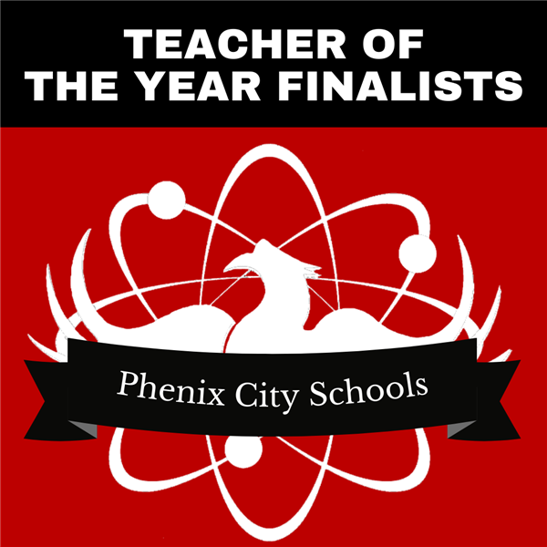  a red background with the white phenix city schools logo and white text against a black background 